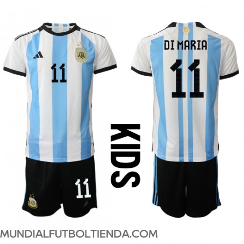 Camiseta Argentina Angel Di Maria #11 Primera Equipación Replica Mundial 2022 para niños mangas cortas (+ Pantalones cortos)